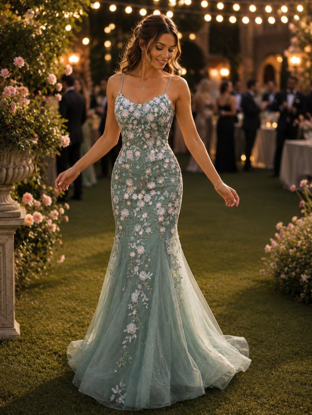 Embroidered Floral Sage Green Mermaid Gown